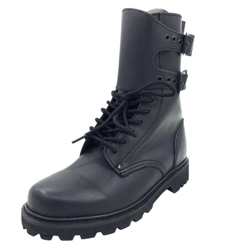 DFM09 Genuine leather steel toe smash resistant shoes high neck wholesale cheap black work hiking boots with fasten buckle