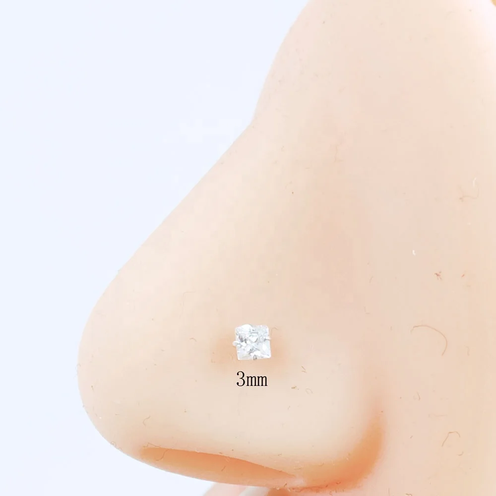 New design Ebay Amazon Hot Sell 3mm Square Cubic Zircon Nose Stud  Bone  925 Sterling Silver  Nariz Piercing Jewelry