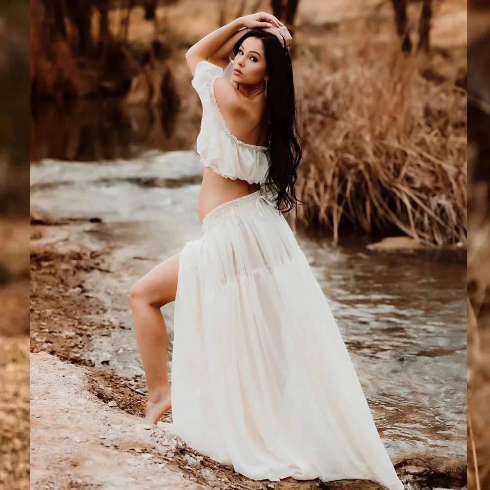 Maternity Dresses Off-shoulder White Photography 2 Pcs Suit Elegant Casual Chiffon Pregnancy Photo Shoot Women Long Slit Dress