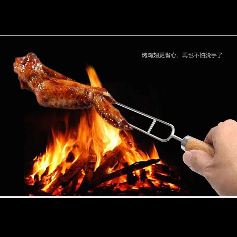 China Factory High Quality BBQ Accessories Big Wood Handle Metal Stainless Steel Skewer for Grilling Barbecue