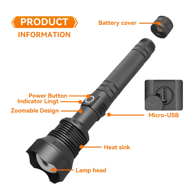 Long Range Self Defense Outdoor Emergency Portable Zoom Super Bright Tools LED Rechargeable Flashlight