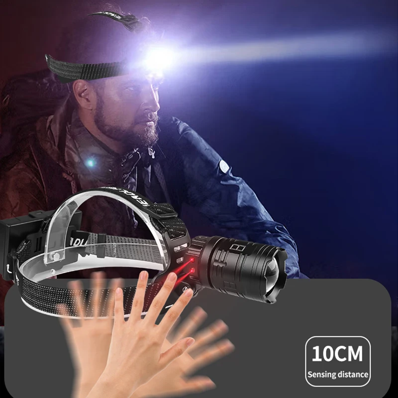 1000m ZOOM  XHP70 30W 1200 lumen 18650 output LED Headlight USB Rechargeable Waterproof Fishing Light  Sensor Headlamp