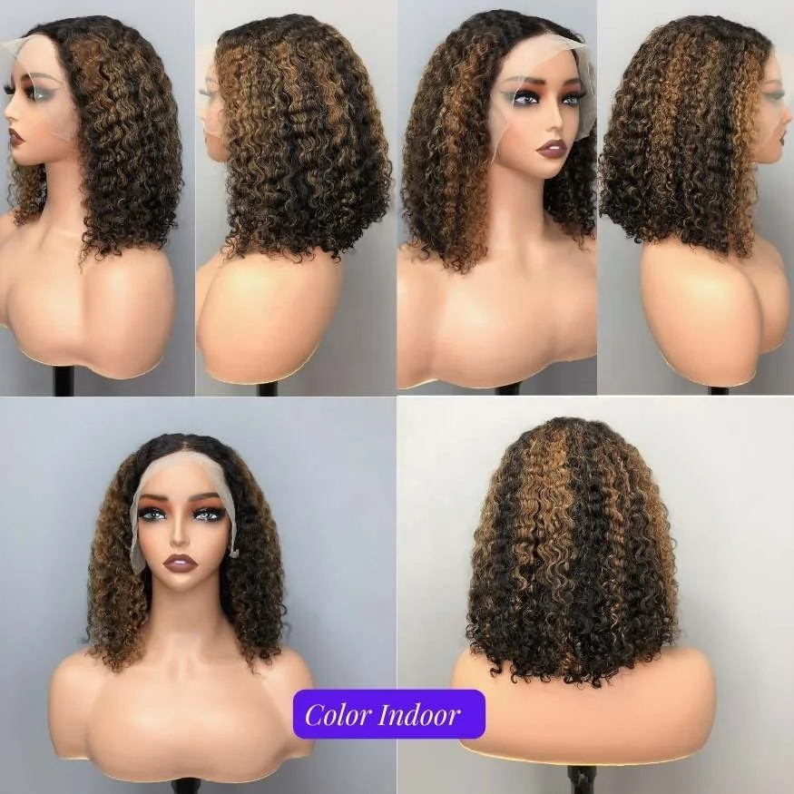 Wholesale Raw Indian Hair 13x4 Bob Lace Frontal Wig,14 Inch Highlight Brown Color Curly Short Bob Wigs For Black Women
