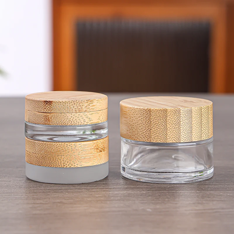 High Quality 5g 15g 30g 50g 100g Frosted Transparent Body Cosmetic Bottle Jars Set Cosmetic Container Glass Cream Jar With Bambo