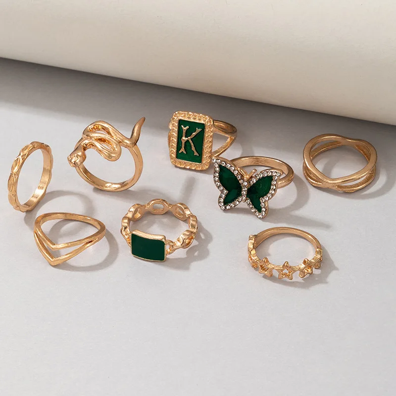 
Barlaycs 2021 Gold Plated Rings Set For Women Vintage Boho Crystal Knuckle Diamond Butterfly Ring Set Female Party Jewelry Gift 