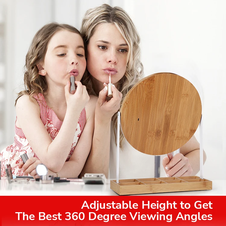 custom personality smart tabletop dressing mirror circle brown make up mirrors lighted with led light up stand bluetooth