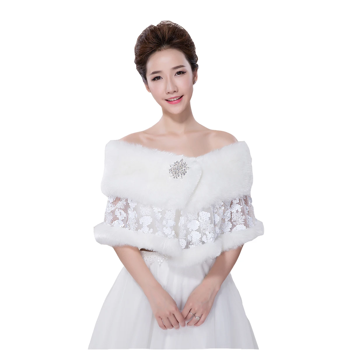 
Wholesale hot sell bride wedding ivory soft plush shawl Wedding accessories mesh sequin shawl 