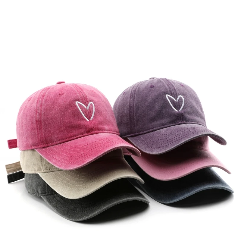 Hot Sale Women 6 Panel Soft Top Embroidery Heart Washed Cotton Sports Hat Curved Brim Custom Logo Plain Denim Baseball Cap