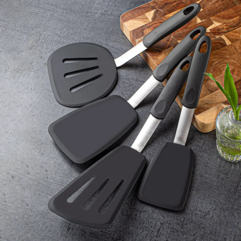 Silicone Multi-function Kitchenware Shovel Set With 430 Stainless Steel Rubber Handle Round Leaky Shovel Solid Shovel Set