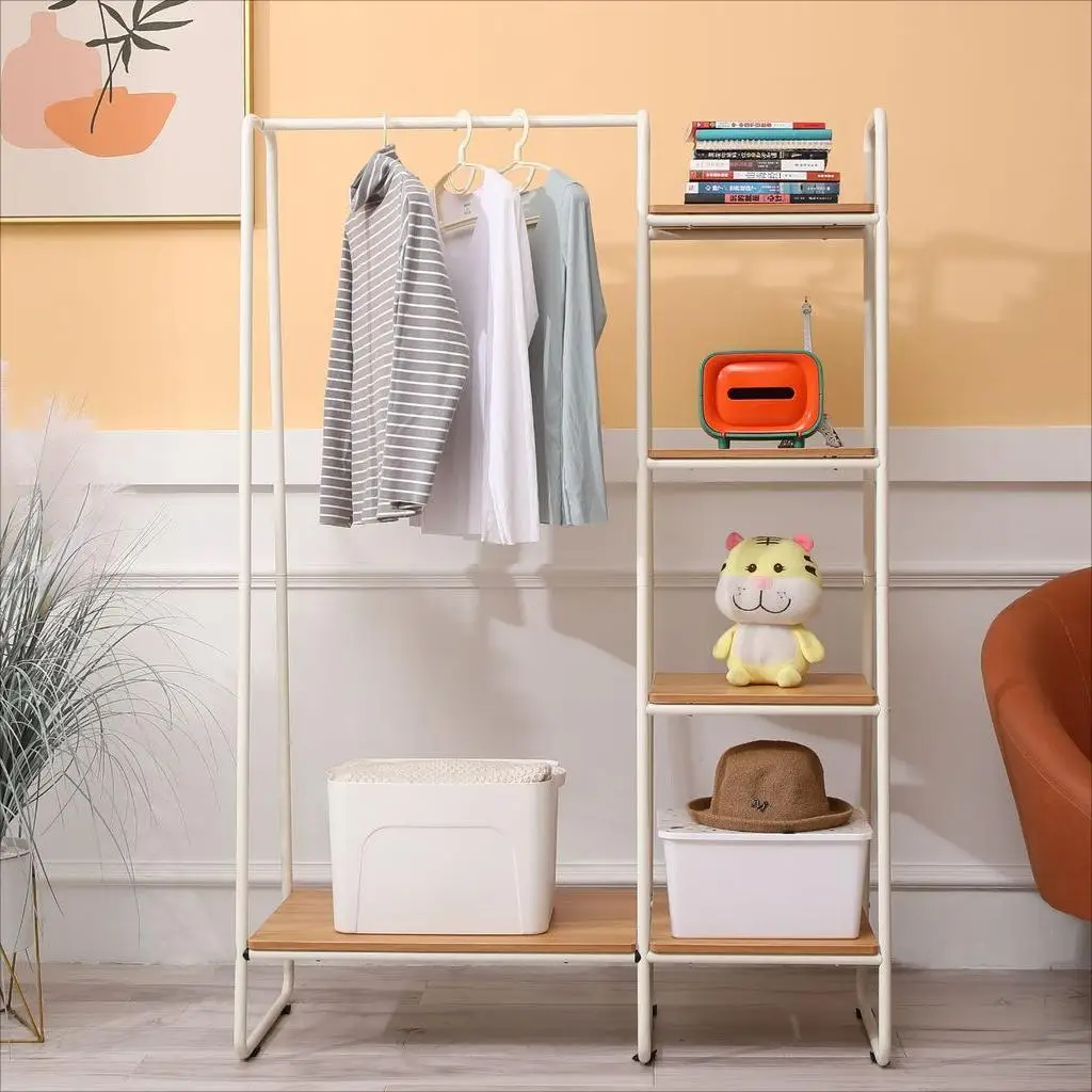 Hot Sale Free Standing Clothes Hanging Rack Metal Garment Coat Rack With 4 Tier Storage Shelves Appendiabiti