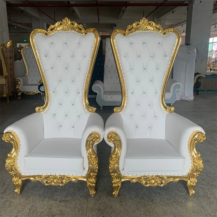 Carvings Luxury Wedding High Back Wooden Gold And White Wedding Royal Cheap King Throne Chair
