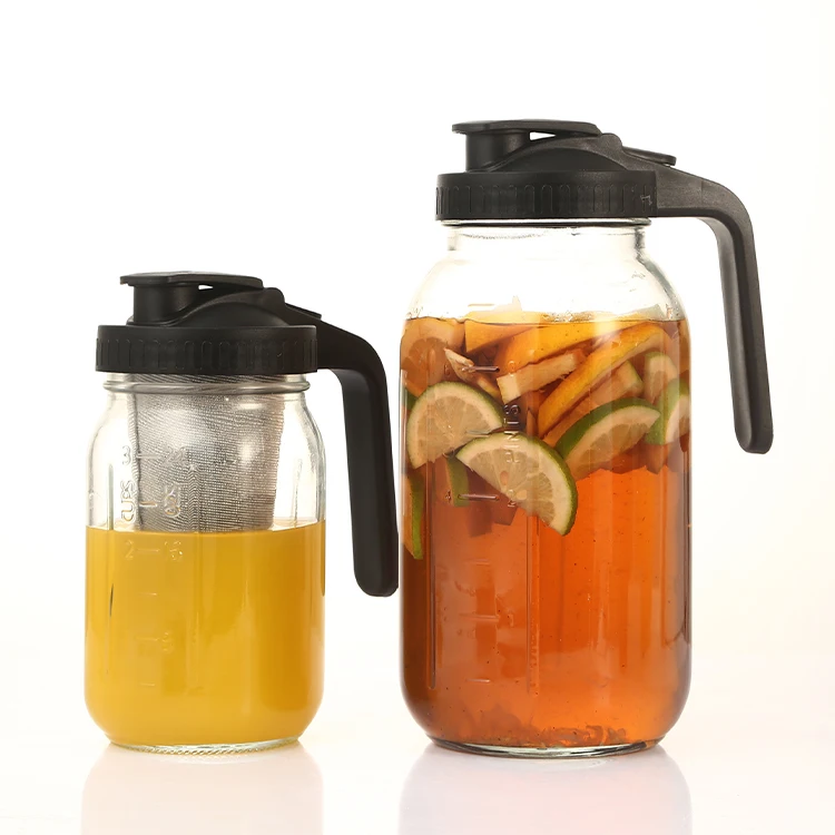 Hot Selling 32oz/64oz Glass Drinking Pitcher with Pour Spout Lid Handle 1000ml/2000ml Wide Mouth Beverage Mason Jar Tea Pot