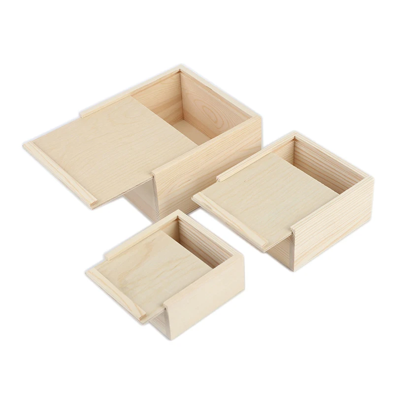 Wholesale Customized natural color Square Wooden Gift Boxes Packaging Box with sliding lid