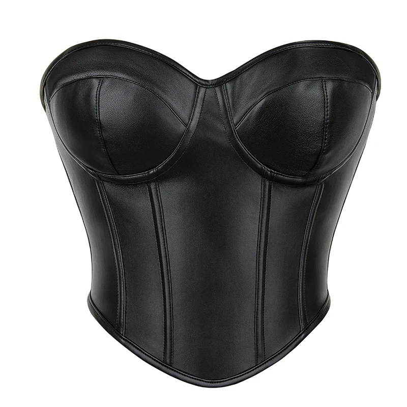 Women Off Shoulder Asymmetrical Hem Punk Solid PU Leather corset bustier Crop Top S to 3XL