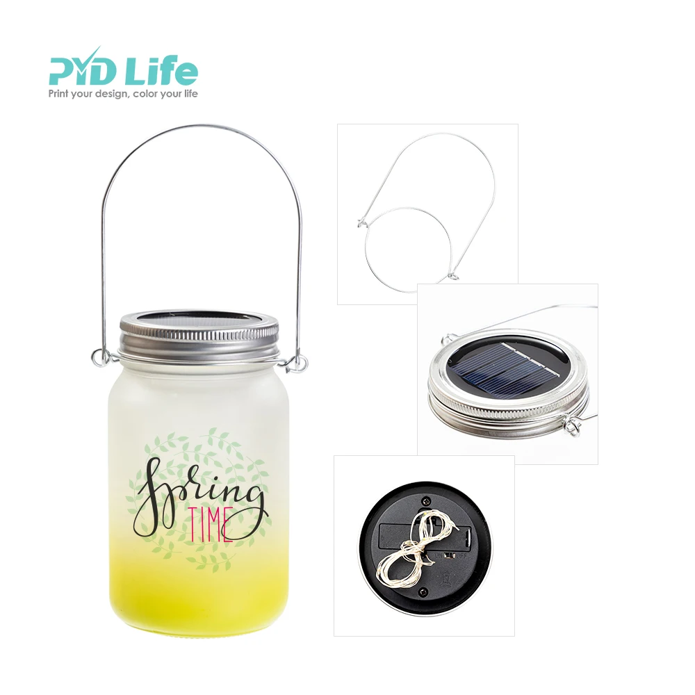 PYD Life 15oz 450 ml Custom Printing Gradient Colour LED Lights Lantern Lid Custom Frosted Glass Sublimation Fairy Mason Jar