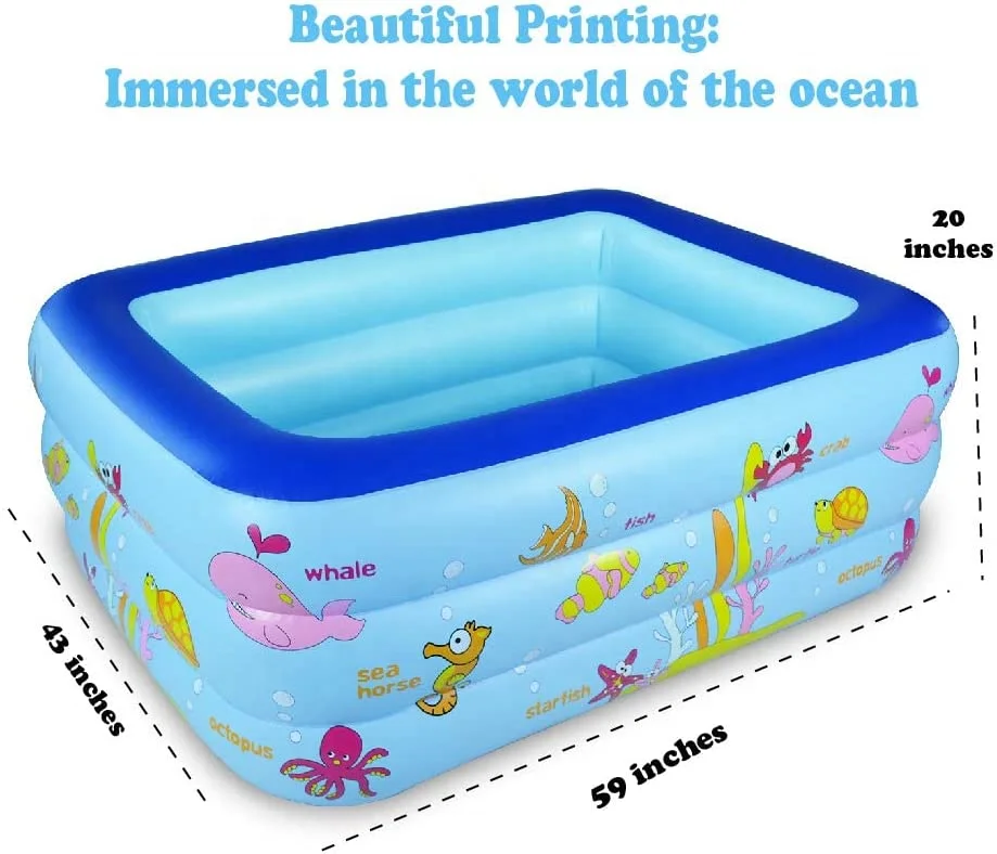 Ocean World Kids Swimming Rectangular Inflatable Pool with  Bathtub Kiddie Blow Up Pool for Kids Backyard Garden Outdoor Party