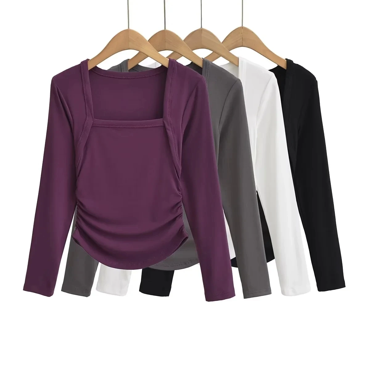 4 colorway square collar solid color long sleeve casual fashion women t shirts