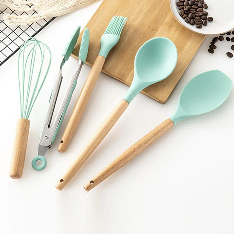 12 Pieces Silicone Kitchen Cooking Tools Wooden Handles Stand Kitchenware Spatula Silicone Kitchen Utensils Set