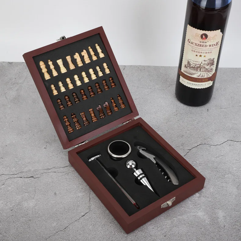 Creative Wine Tool Bottle Opener Set Wine Opener Corkscrew Kit with Chess Square Wooden Box
