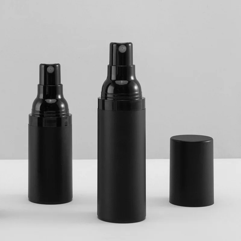 Factory wholesale custom 15ml 30ml 50ml plastic PP empty matte black airless spray bottle with lid