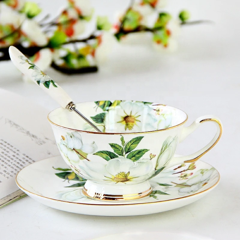 Luxury Thin Delicate Translucent Light Weight Bone China Floral Ceramic Tea Cup And Saucer Set