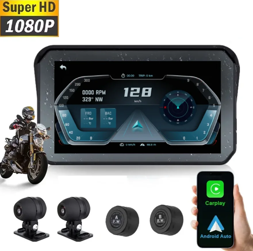 Wi-Fi 1080P 5 дюймов портативный GPS-навигатор водонепроницаемый мотоцикл Carplay/Android авто монитор DVR камера записи беспроводной TPMS