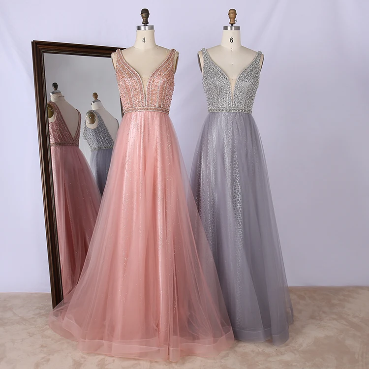 Wholesale v neck tulle handmade beaded backless pink ladies long prom dresses
