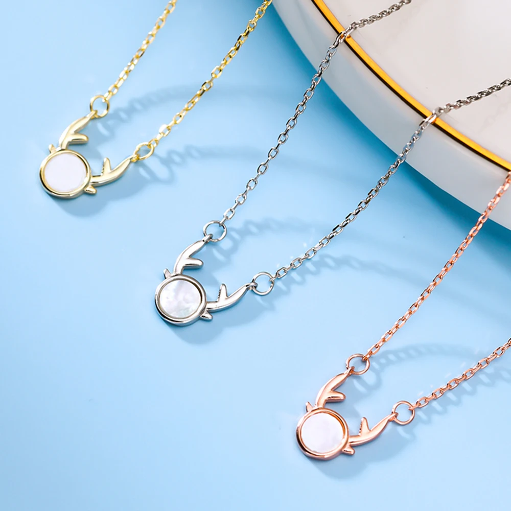 Simple Design 925 Sterling Silver Jewelry Deer Horn Antler Necklace With Mother Of Pearl For Women Lady Gift Joyeria De Mujer