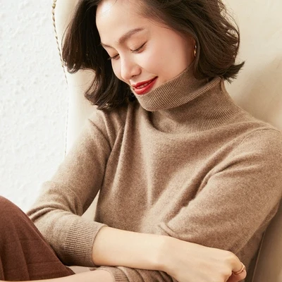 100% pure cashmere ladies sweater winter solid color high neck cashmere sweater