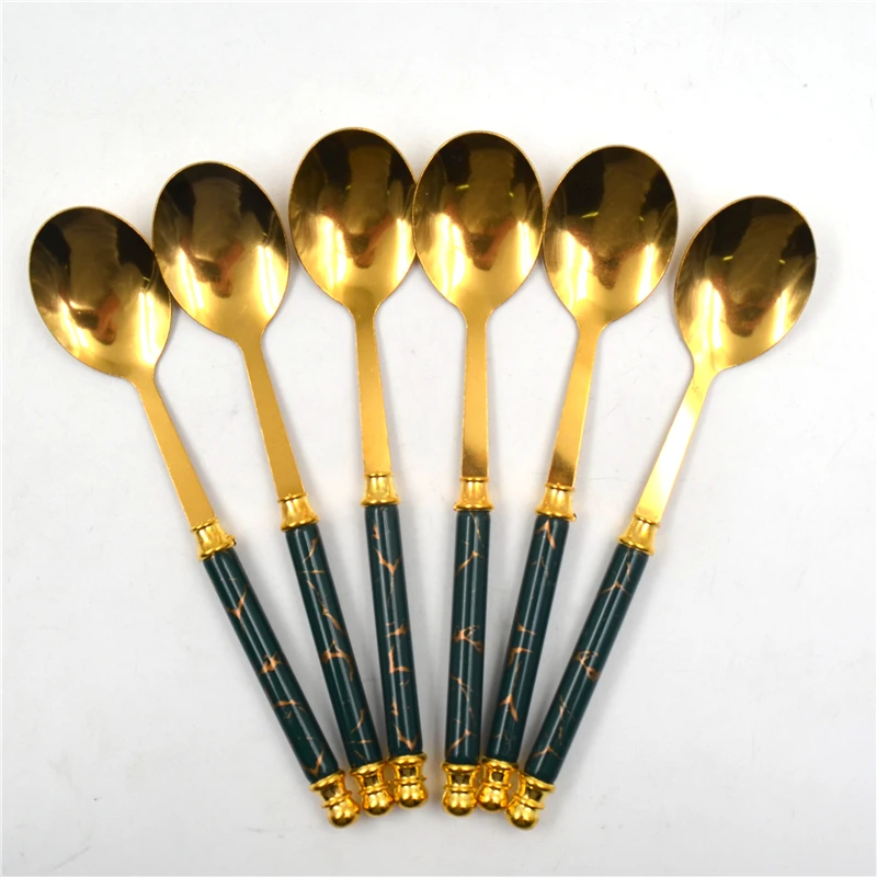 Stainless steel spoon marbled handle household dining Korean long handle spoon gift box set