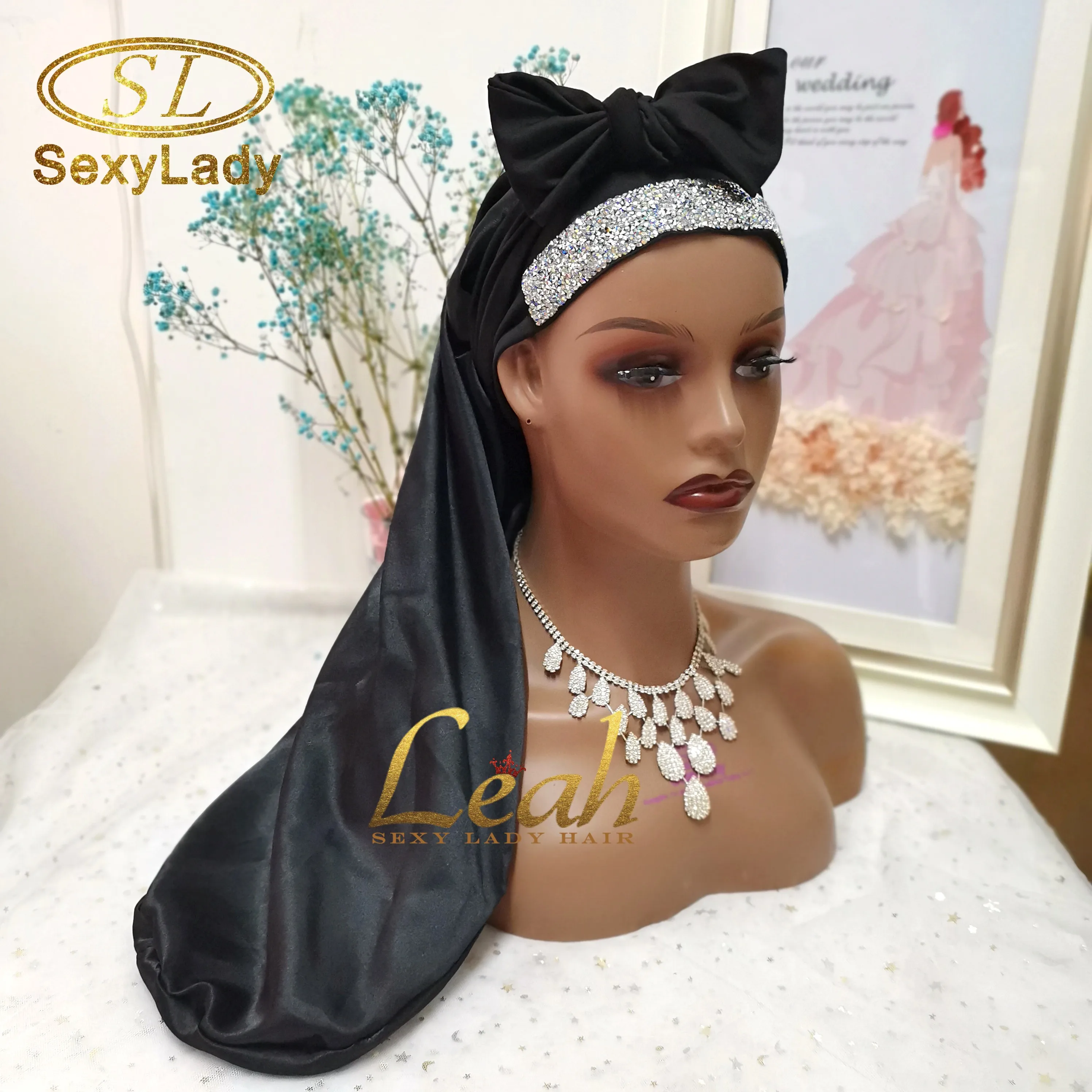 Custom Logo Flag Satin Bonnet with Long Ties Fashionable Patterns Designer Bonnets Women  Long  Braids