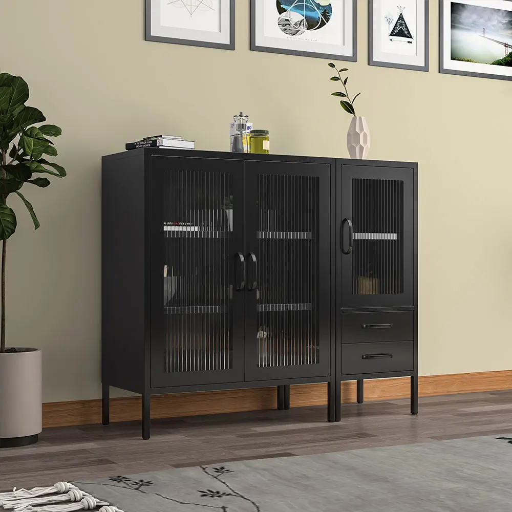 Nordic Style White Metal Side Cabinet with Tempered Glass Door 3-Tier Storage for Living Room