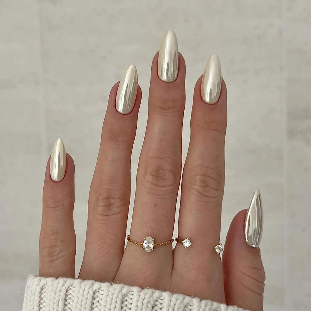 Custom Logo Fake False Nails Set With Glue Wholesale Medium Almond Soft Gel Private Label Sliver Chrome Glazed Press On Nails