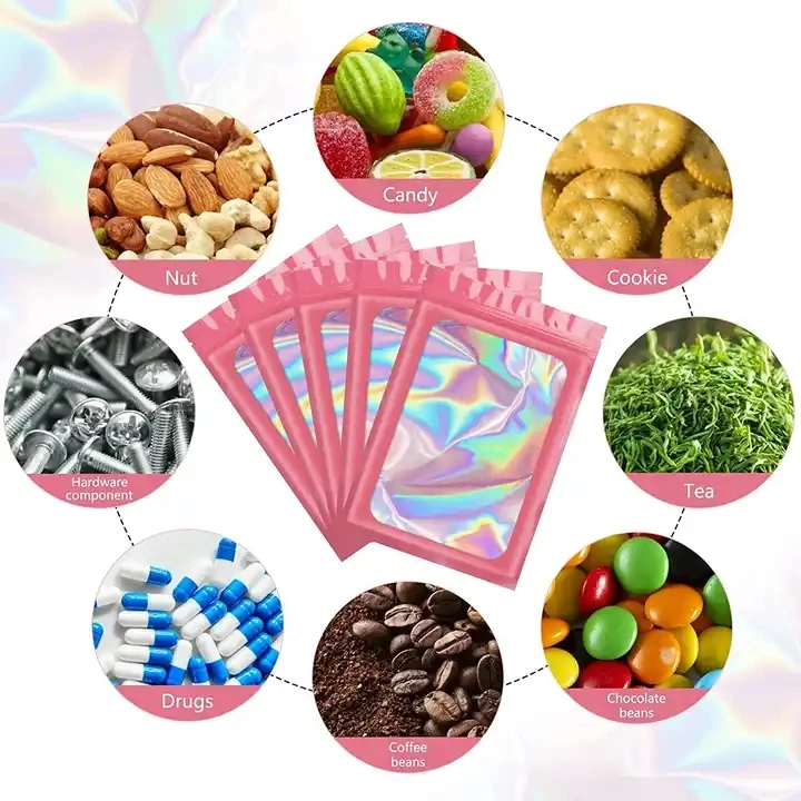 Resealable zipper smell proof food grade aluminum foil sachet black  holographic small pink custom logo mylar bags with window