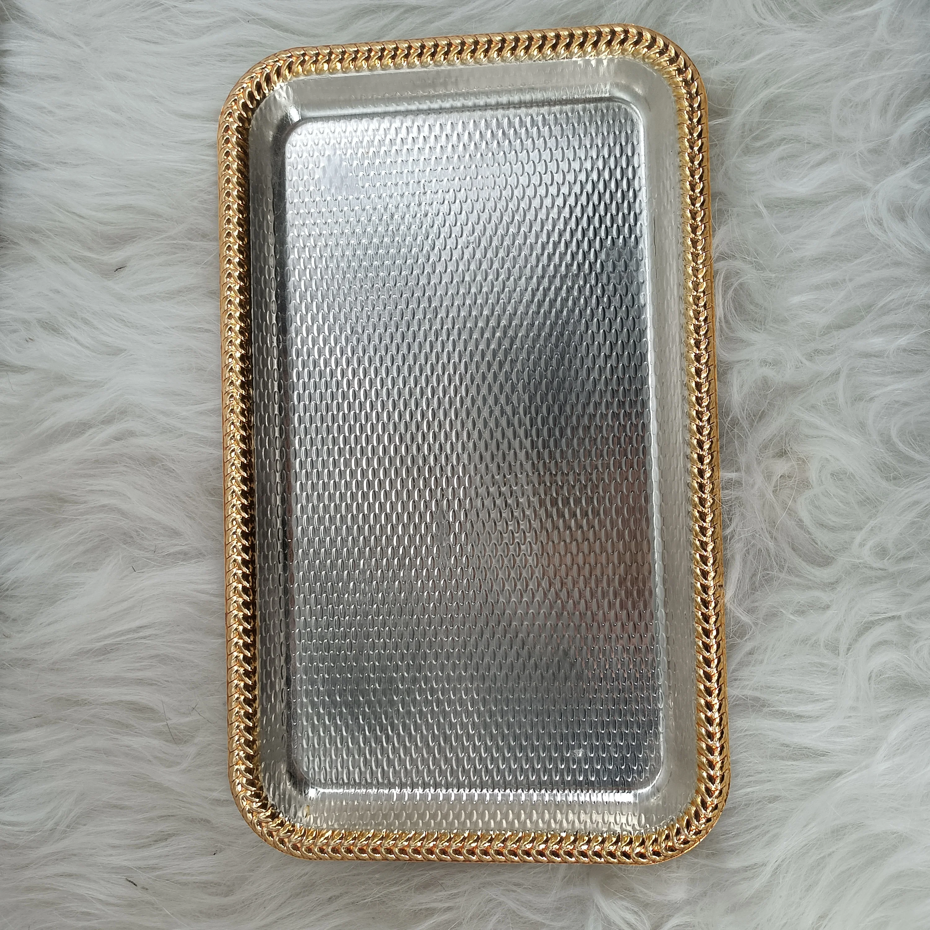 Restaurant Wedding Gold Plated Plate Dinner Set Stainless Steel Metal Serving Food Tray Round Oval Rectangle Dish Tray