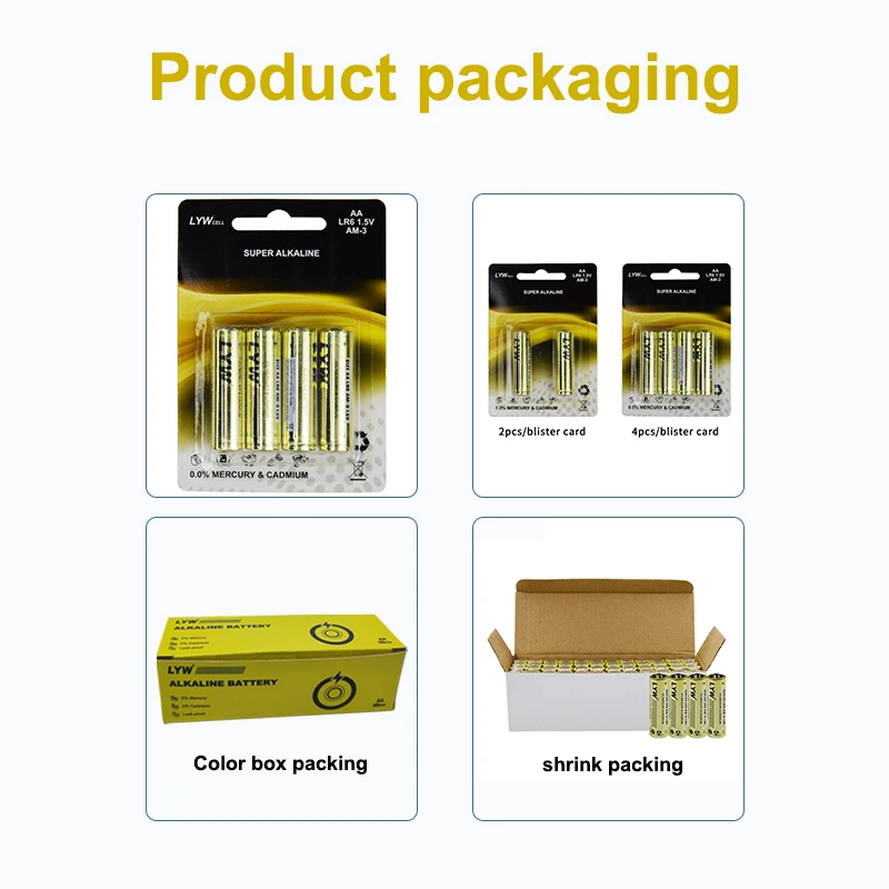 LYW Factory Wholesale OEM/ODM Factory Supplier Performance 1.5V LR6 Blister card primary alkaline AA Battery Pack For Toy Cars