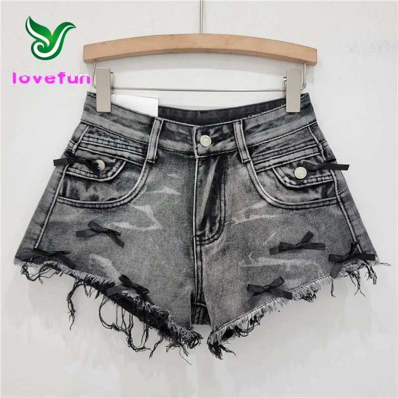 2024 Summer New Collection Leisure street clothing High Waist Fashion Hot Pants Vintage Bow Denim Shorts For Women