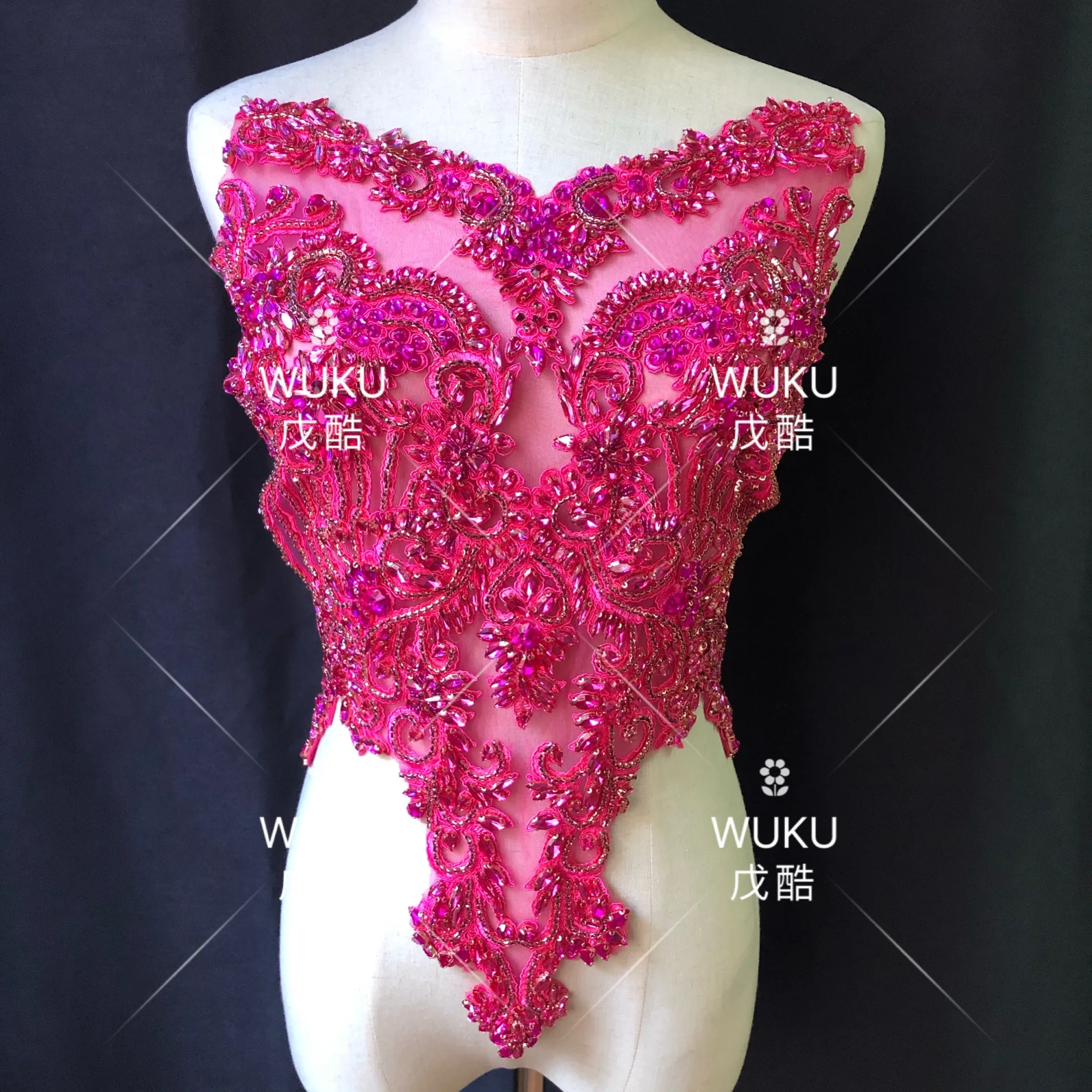 whole piece top cover  encrusted beads hand make lace applique patch  in rose