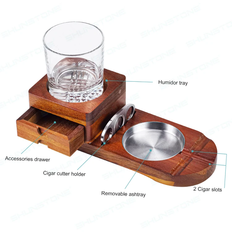 Wholesale High Quality Wooden Cigar Ashtray Accessories Set With Whiskey Glass Cup Novelty Gift Set For Men