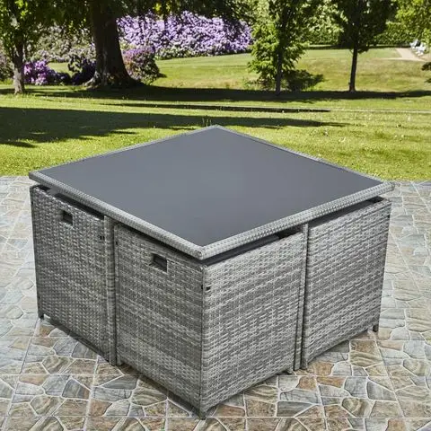 9 Piece 8 Seater Rattan Cube Dining Table Garden Furniture Patio Set (Grey/Grey)