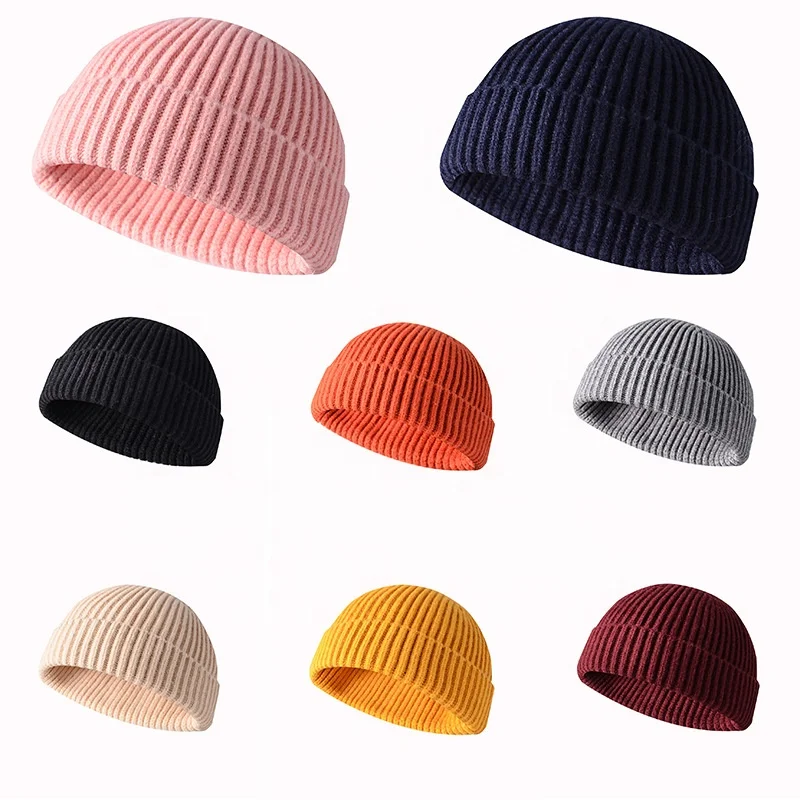 Custom Knit Cuffed Wool Slouchy Beanie,Streetwear Private Woven Label Logo Beanies,Fisherman Skull Hats Winter Cap