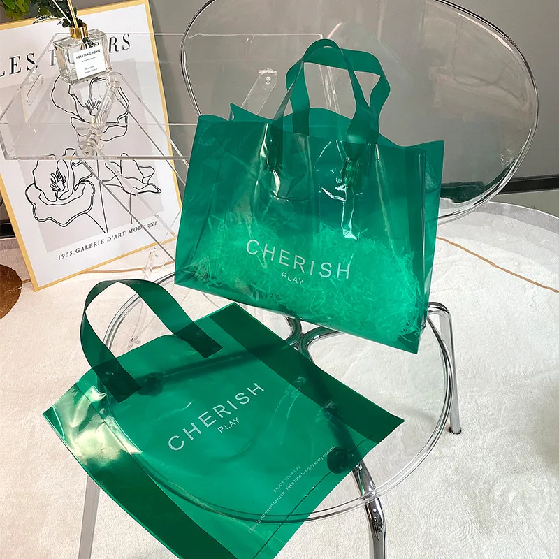 YC Translucent Transparent Tote Plastic Bag With Handle Custom Logo Print Shopping Gift Shoes Clothes Packaging Shopping Bags