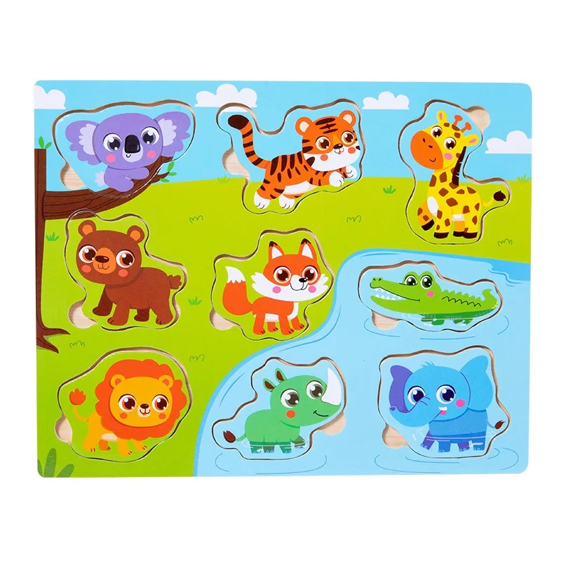 Montessori wooden jigsaw puzzle  hand grasp plate toys infant education 3 d puzzle toy animal cartoon vehicle fruits