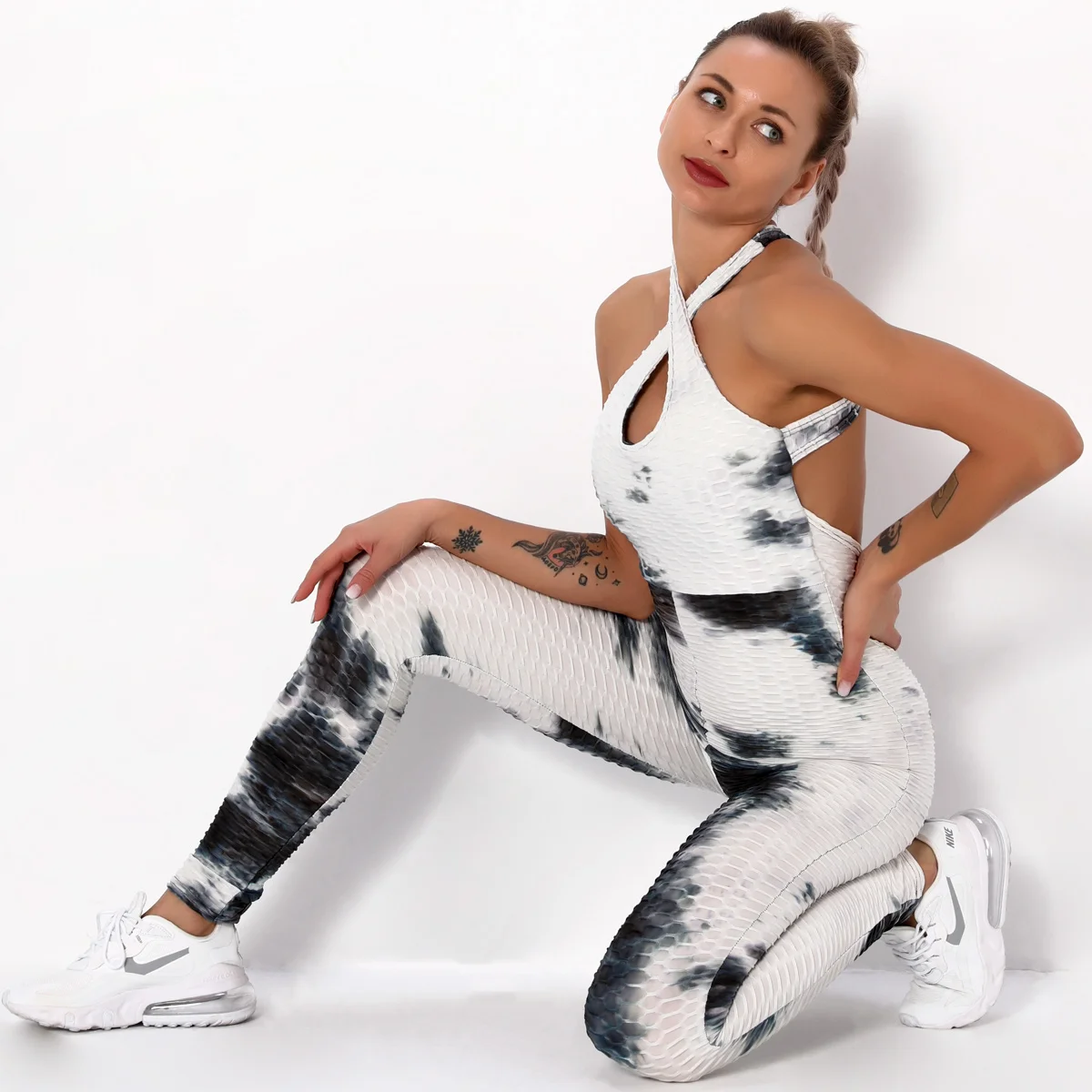 New Cross Sling Design Gym Set Stitched Ink Tie-dye Hip Lift Workout Jumpsuit Quick Dry Bubble Leggings 11 colors