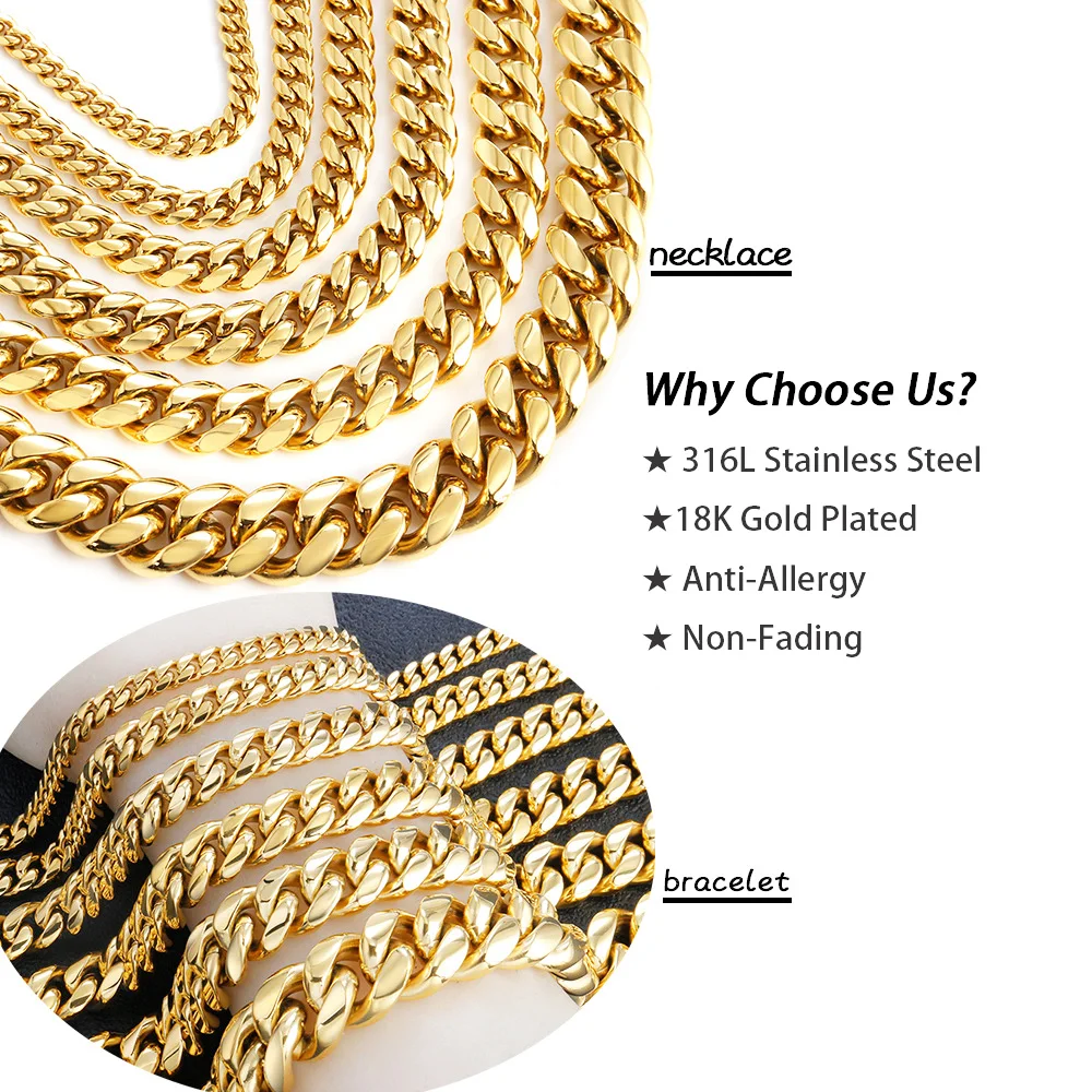wholesale women 12mm fashion link chain hiphop bracelet mens 18k gold plated non tarnish stainless steel miami cuban bracelet