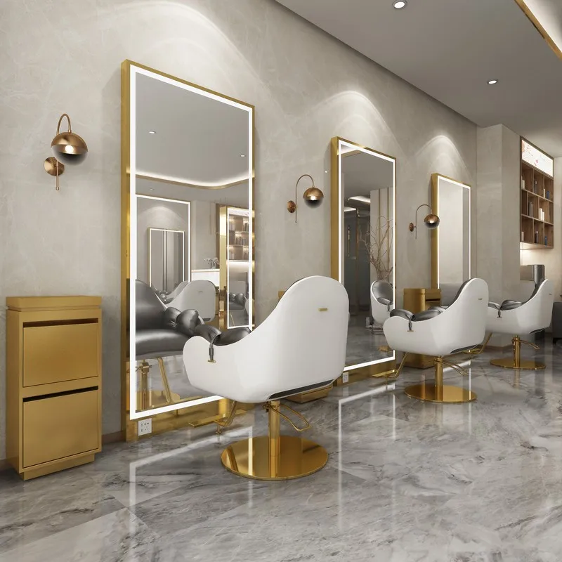 Gold single side mirror Station Luxury Light LED Mirror Cabinet Floor LED Hair Salon Furniture Barber Station