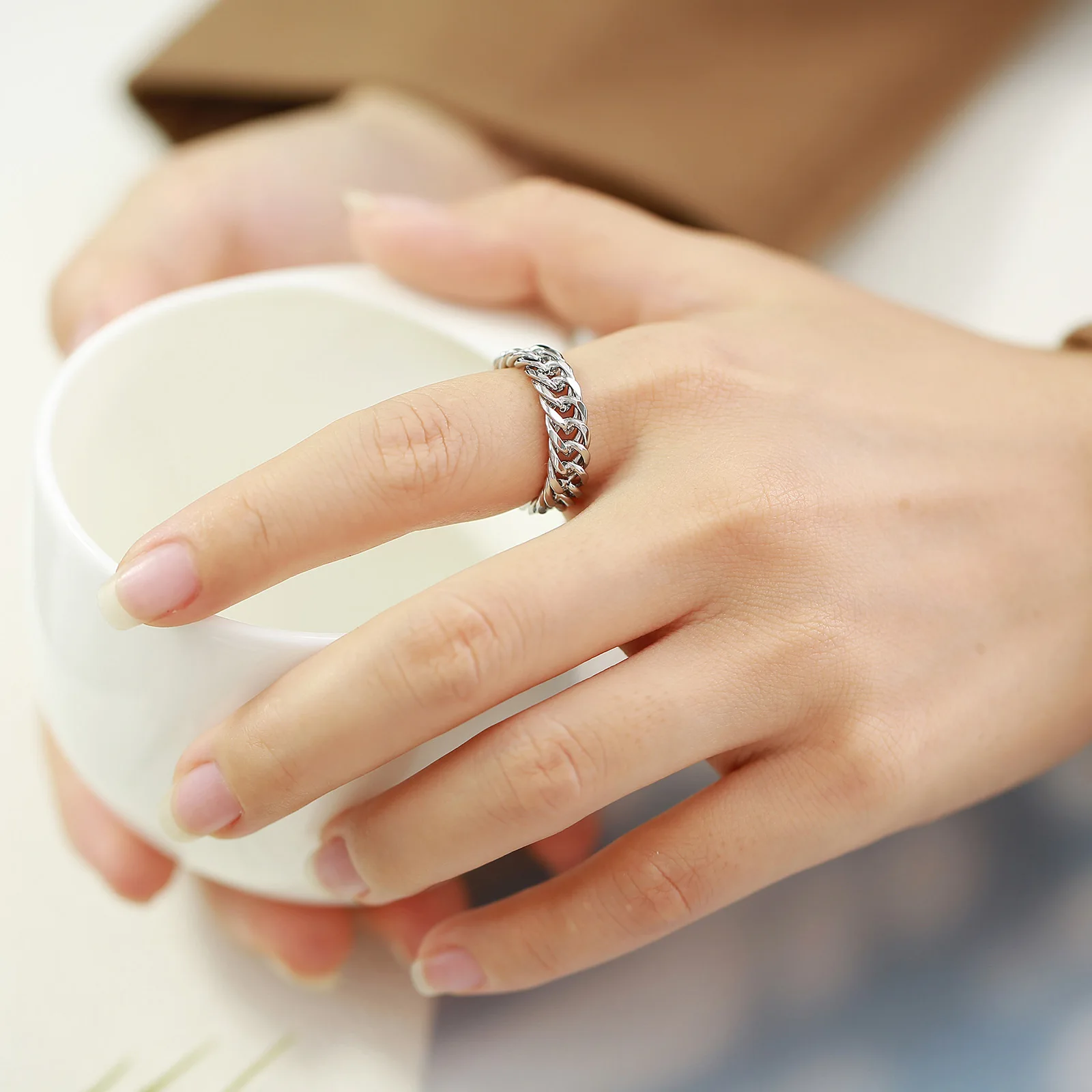 Luxury Fashion Diamond Finger Custom Tungsten 18K Gold Plated Silver Stainless Steel Jewelry Women Men Gold Link Chain Ring