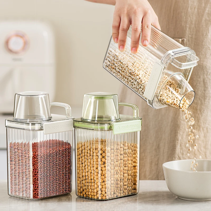 1300ml 1800ml Newest Plastic Durable Kitchen Airtight Dry Food Rice Storage Box Container with Measuring Cup and Pour Spout