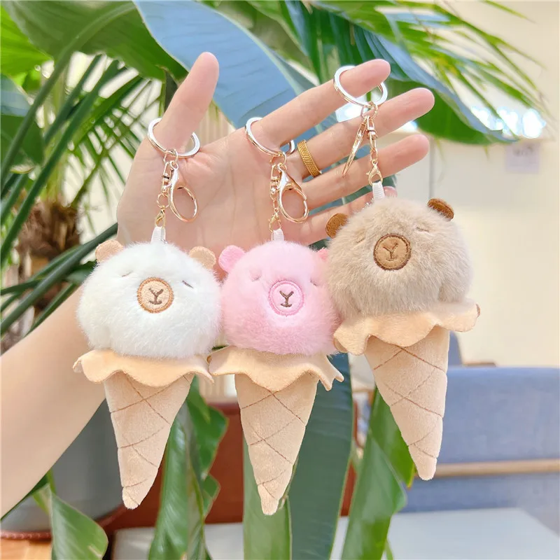 Creative 14CM Ice Cream Capybara Plush Dol keychain Toys Food Keychain kawaii Soft Stuffed plush toy Bag charm Pompom keychain