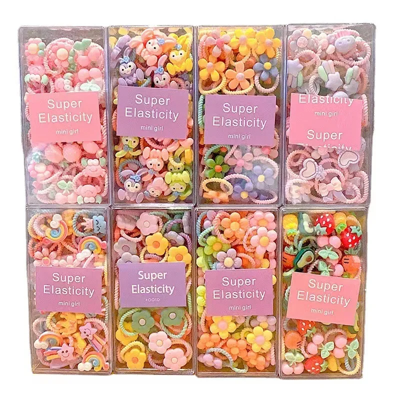 Wholesale 20/50 Pcs/Box Cute Resin Fruit Cartoon Series Baby Elastic Rubber Band Girls Elastic Hair Ties Kids Accessories Set